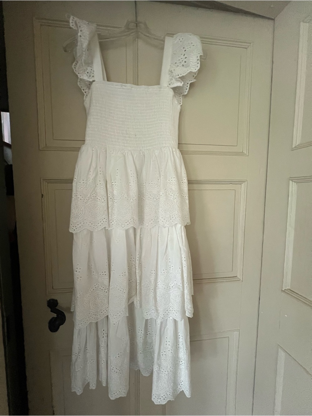 Mi Ami White Eyelet Tiered Smocked Boho Midi Maxi Dress